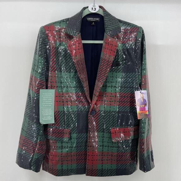 Johnny Wujek Size S Sequin Plaid Holiday Single Breasted Blazer One Button Red - Picture 1 of 11